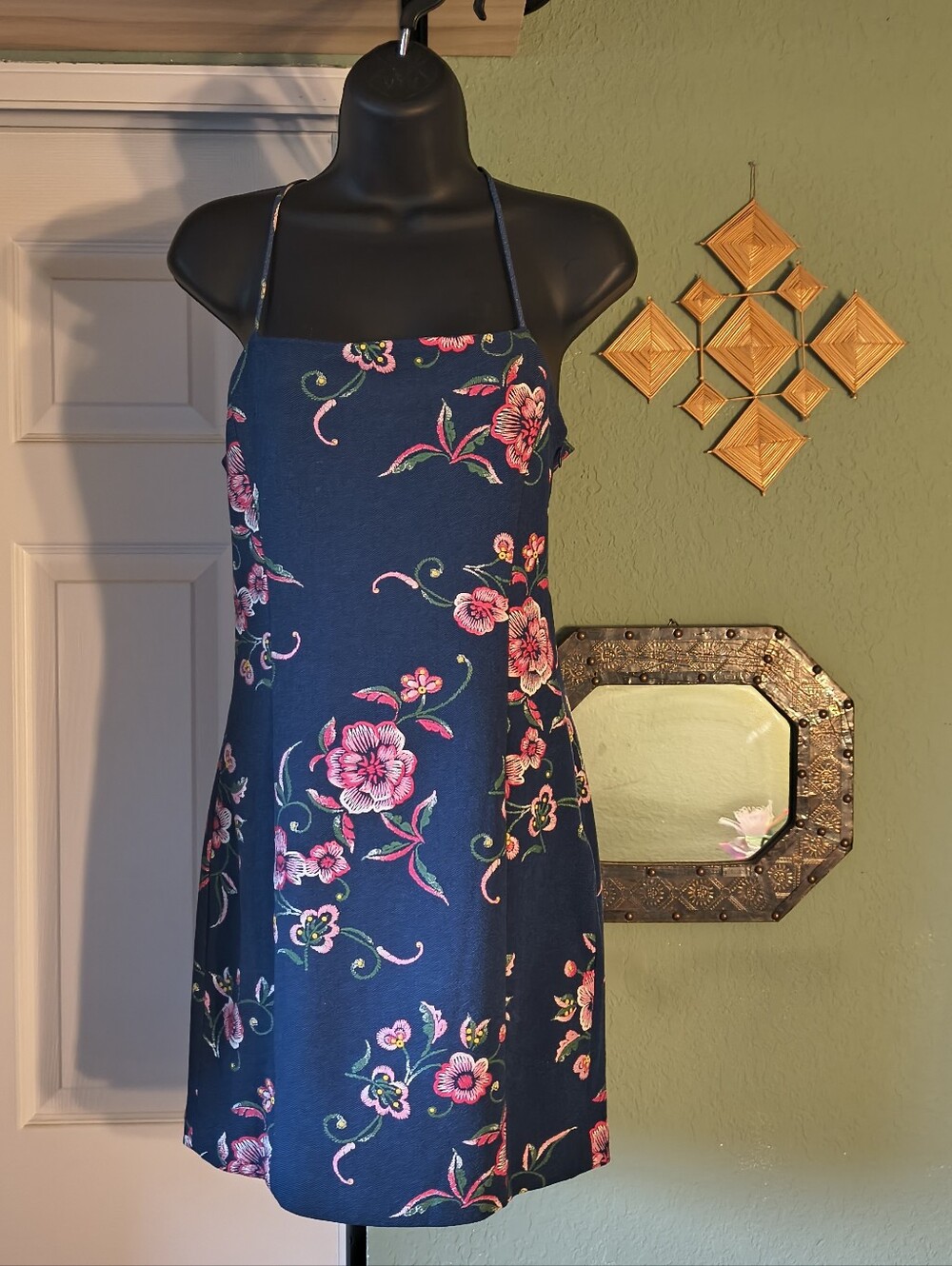 BCBGeneration Denim Blue Floral Embroidered Halter Mini Dress Size 4